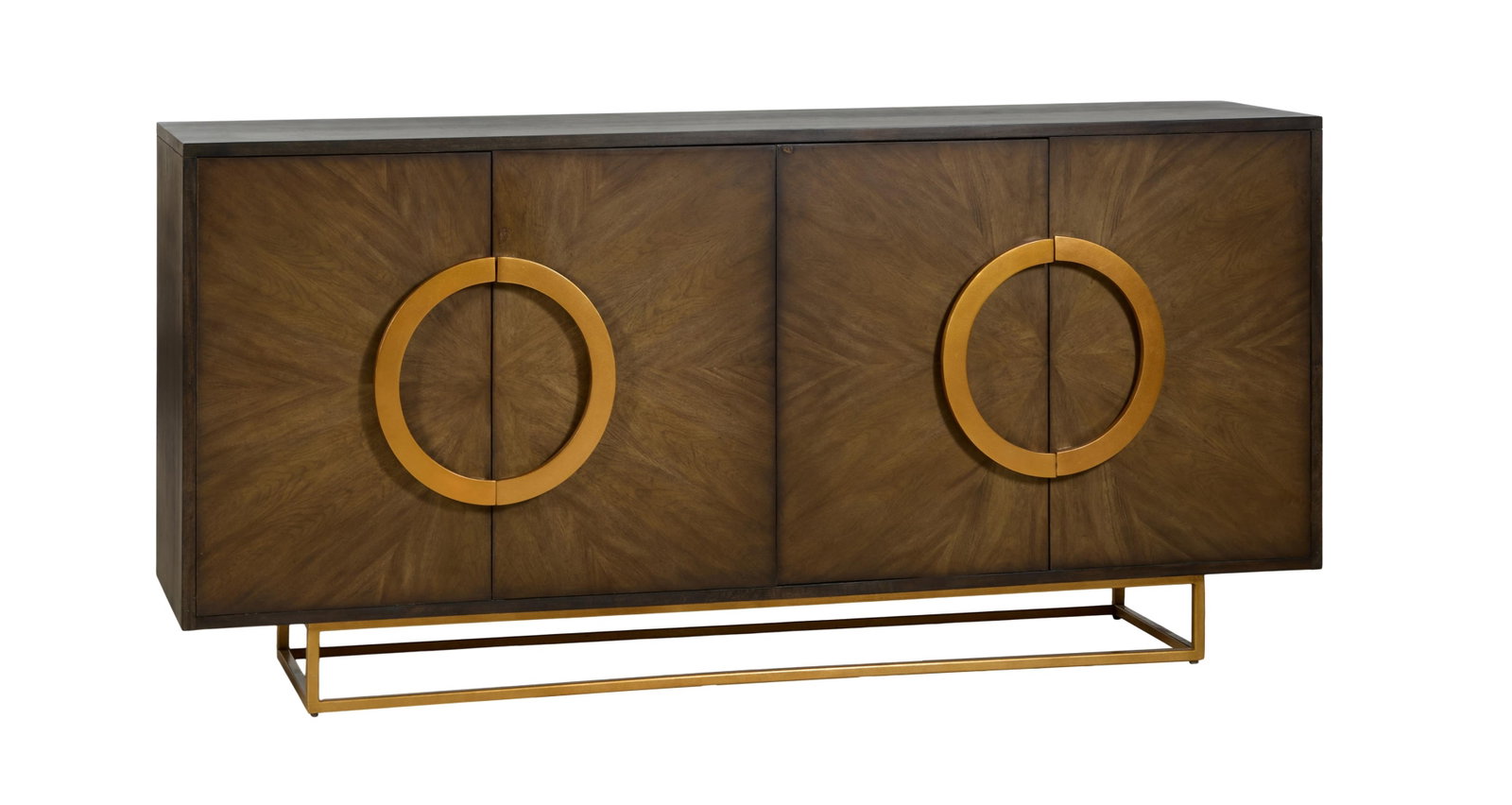Mid-Century Modern Inspired Mahogany Sideboard, 21st c., H.- 36 1/4 in., W.- 75 in., D.- 18 in.: Mid-Century Modern Inspired Mahogany Sideboard, 21st c., the flat top over two pairs of cabinet doors with half circle handles, on an inset square tubular base, H.- 36 1/4 in., W.- 75 in., D.- 18 in.