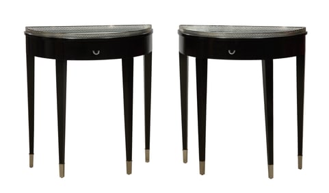 Pair of Mirror Top Black Demi-Lune Consoles, 20th c., Each- H.- 31 1/2 in., W.- 28 in., D.- 14 in.