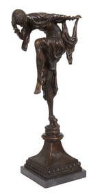 Art Deco Style Patinated Bronze Dancer, 20th/21st c., H.- 23 1/2 in., W.- 7 in., D.- 6 3/4 in.