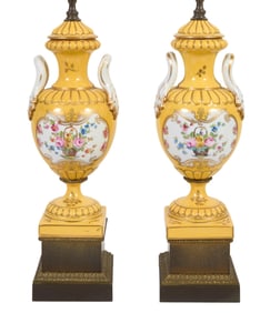 Pair of French Porcelain Handled Urn Lamps, early 20th c., Each- H.- 18 in., W.- 6 in., D.- 5 1/2