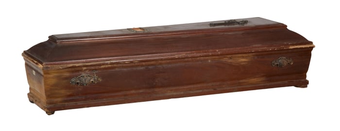Full-Size Mahogany Coffin, 20th c., H.- 23 in., W.- 53 in., D.- 82 in.