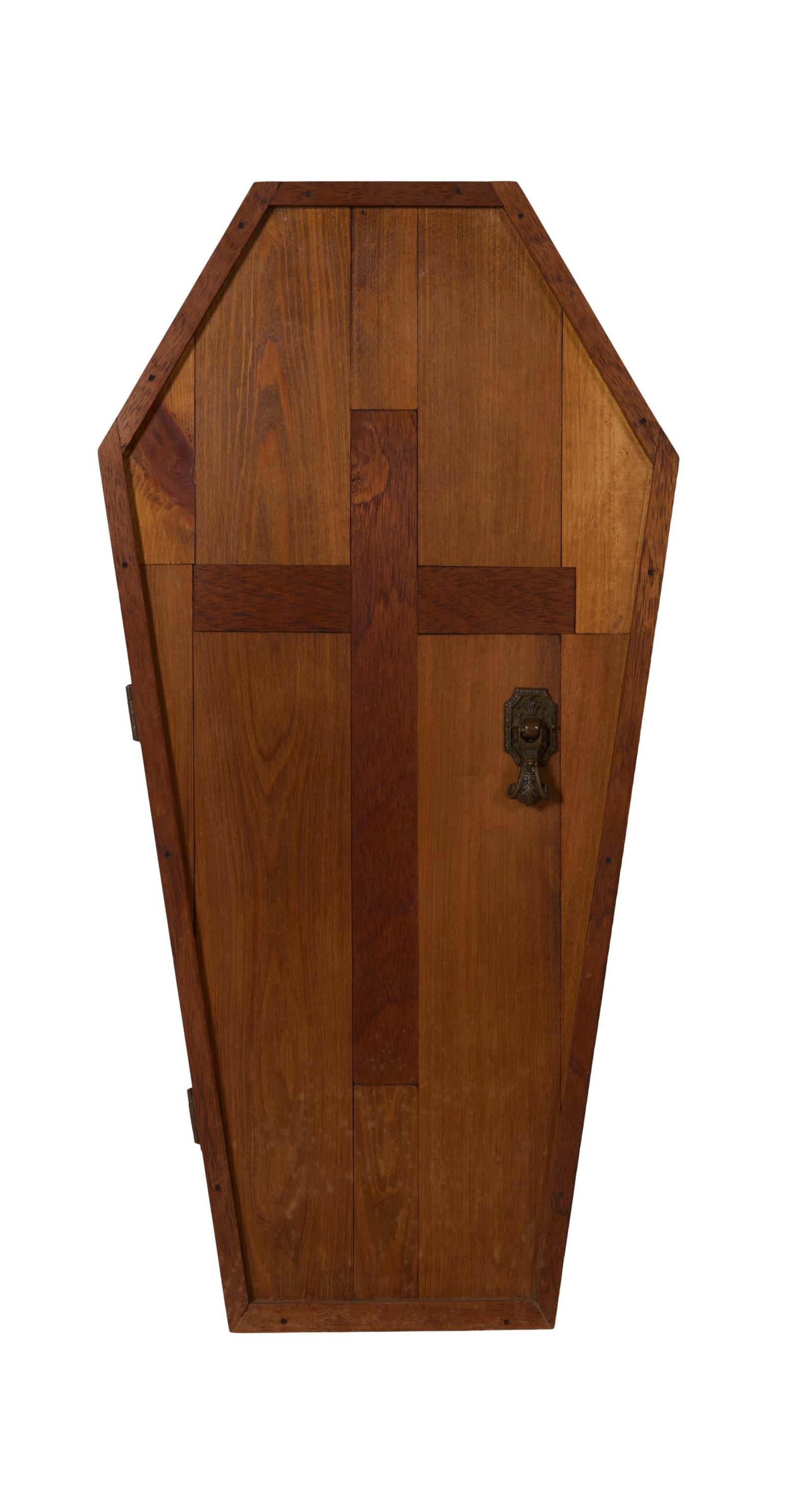 Unusual Miniature Inlaid Mahogany Coffin, early 20th c., H.- 24 1/4 in., W.- 12 in., D.- 8 3/8 in.: Unusual Miniature Inlaid Mahogany Coffin, early 20th c., with a purple velvet lined interior, H.- 24 1/4 in., W.- 12 in., D.- 8 3/8 in.