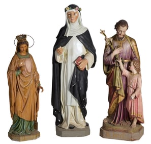 Group of Three Polychromed Plaster Statues, St Joseph- H.- 49 in., W.- 17 in., D.- 17 in.; St
