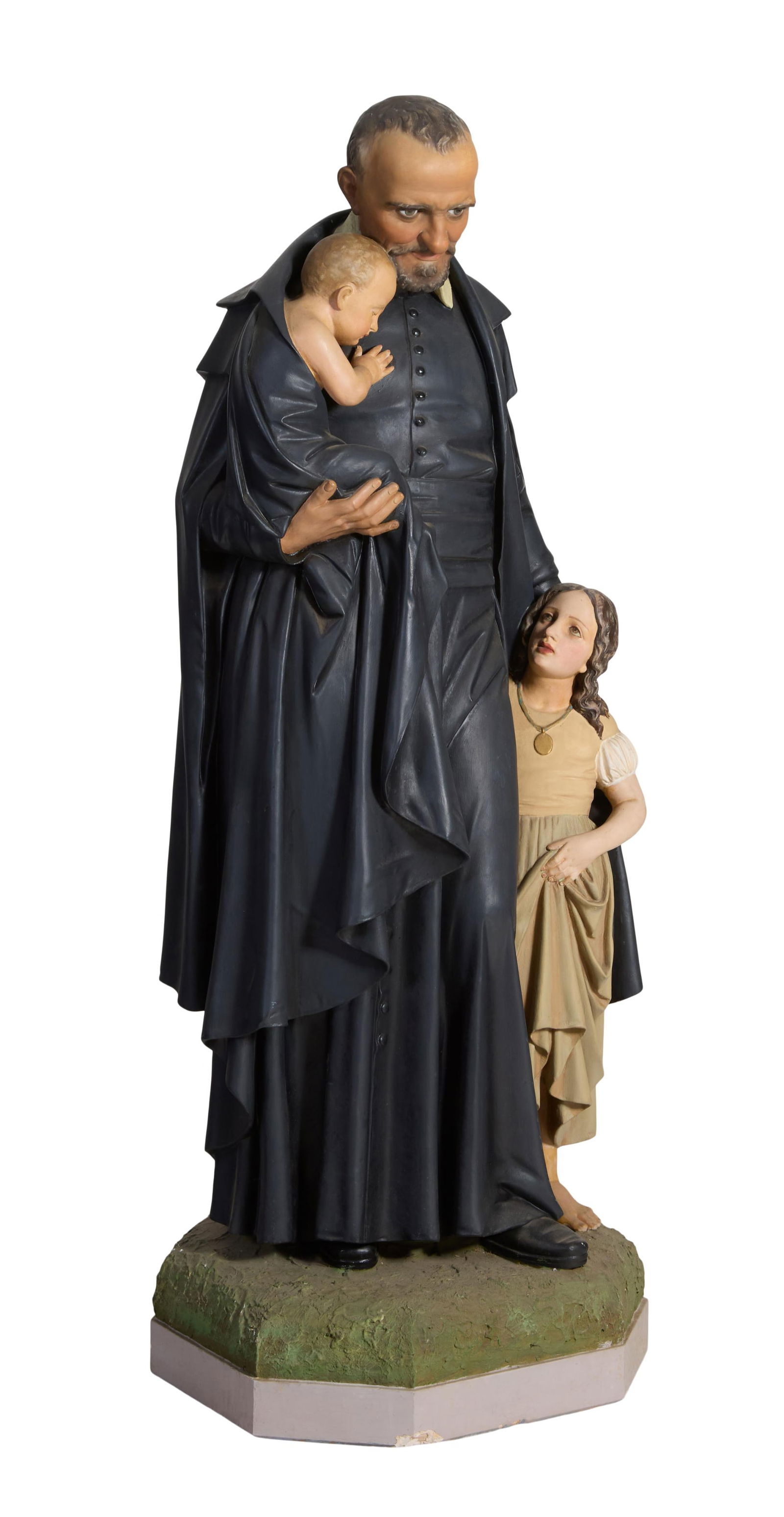 Large Polychromed Plaster Figure of St. Vincent De Paul, H.- 64 in., W.- 24 in., D.- 21 in.: Large Polychromed Plaster Figure of St. Vincent De Paul, with two children, on an integral octagonal base, H.- 64 in., W.- 24 in., D.- 21 in.