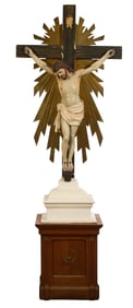 Large Plaster and Brass Rood, 20th c., Stand- H.- 35 in., W.- 30 in., D.- 20 in.; Sculpture- H.- 63