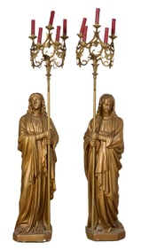 Pair of Gilt Plaster Religious Plaster Painted Angel Candelabra, 20th c., Each- H.- 64 in., W.- 13