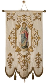 Religious Gilt Embroidered Silk Moire Processional Banner, 20th c., H.- 56 in., W.- 39 1/2 in.