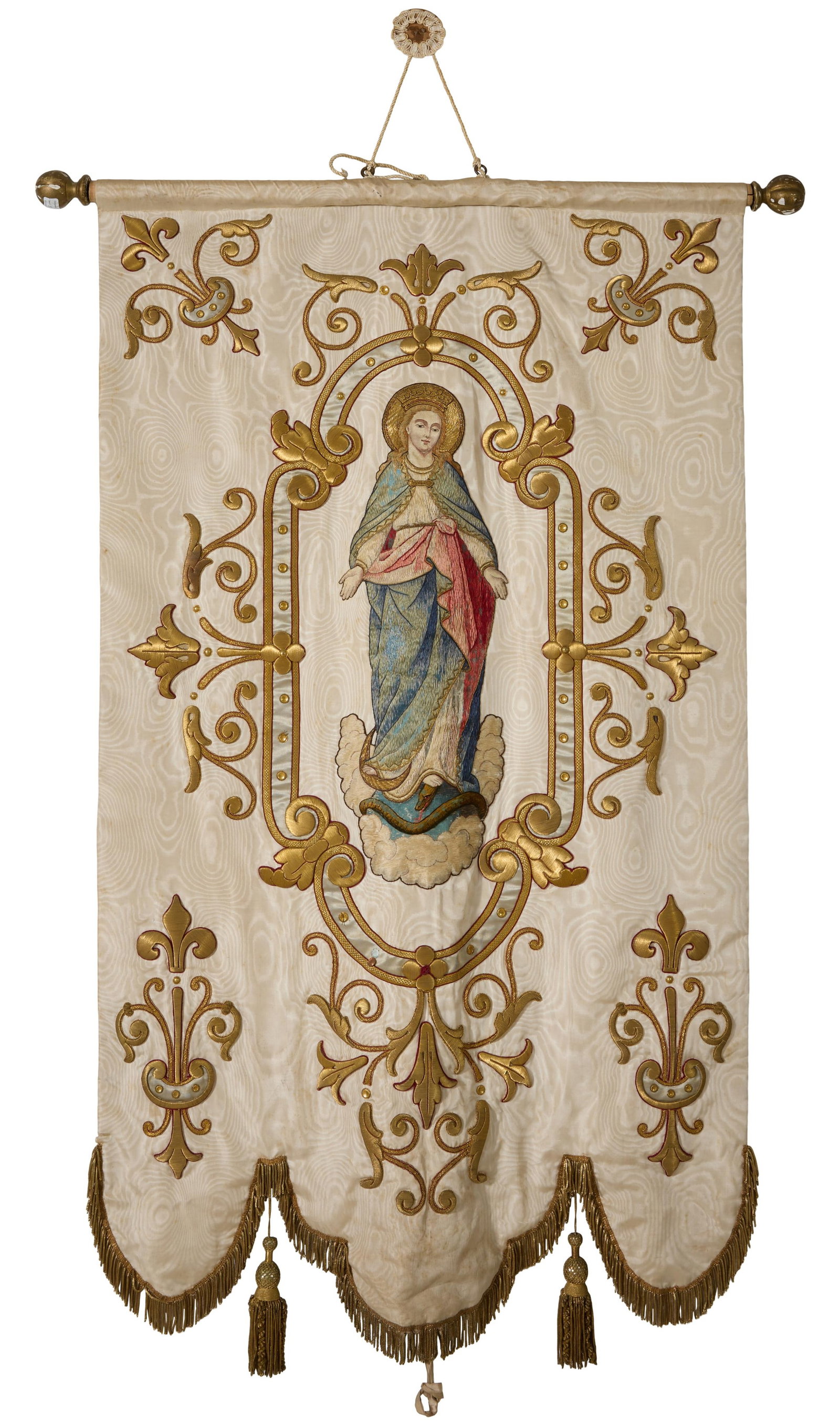 Religious Gilt Embroidered Silk Moire Processional Banner, 20th c., H.- 56 in., W.- 39 1/2 in.: Religious Gilt Embroidered Silk Moire Processional Banner, 20th c., the finialed rod holding the banner with Mary and serpent, within a scrolling fleur de lis border and decoration, the scalloped bott