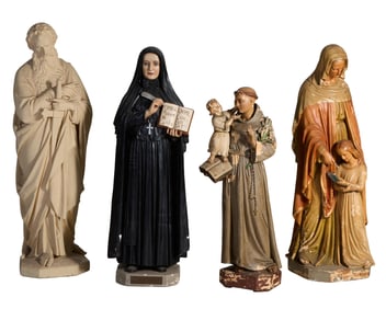 Group of Four Plaster Religious Figures, early 20th c., Largest- H.- 58 in., W.- 20 in., D.- 17 in.