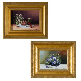 Gail MacArgel (American, 1939-2020), "Two Still Lives with Pansies and Fruit," Each- H.- 5 in., W.-