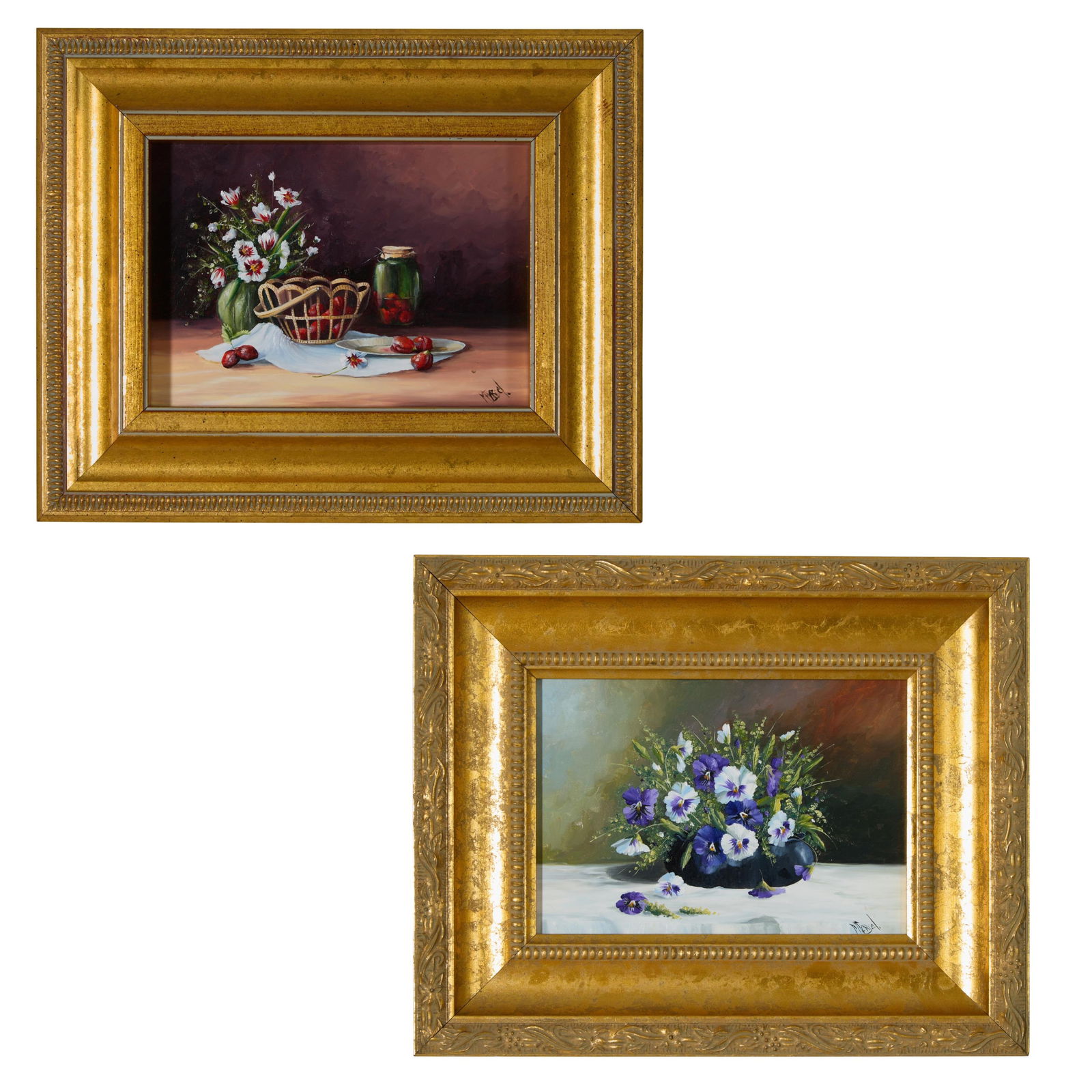 Gail MacArgel (American, 1939-2020), "Two Still Lives with Pansies and Fruit," Each- H.- 5 in., W.-: Gail MacArgel (American, 1939-2020), "Two Still Lives with Pansies and Fruit," each oil on masonite, each signed lower right, presented in similar giltwood frames, Each- H.- 5 in., W.- 7 in., Framed-