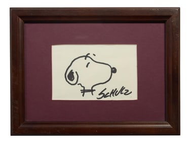 Charles Schulz (American, 1922-2000), "Snoopy," Sight- H.- 3 in., W.- 4 1/4 in., Framed- H.- 6 in.,