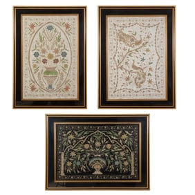Three Framed Embroideries, 20th c., Black- Framed- H.- 29 in., W.- 39 5/8 in. (3 Pcs.)