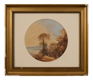 Italian School, "Terrace Overlooking the Coast," c.1840, Sight- Dia.- 8 3/8 in., Framed- H.- 13 3/4