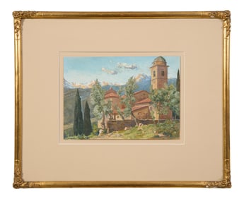 Emerich Schaffran (Austrian, 1883-1962), "Tuscan Hillside Village," H.- 8 7/8 in., W.- 12 5/8 in.,