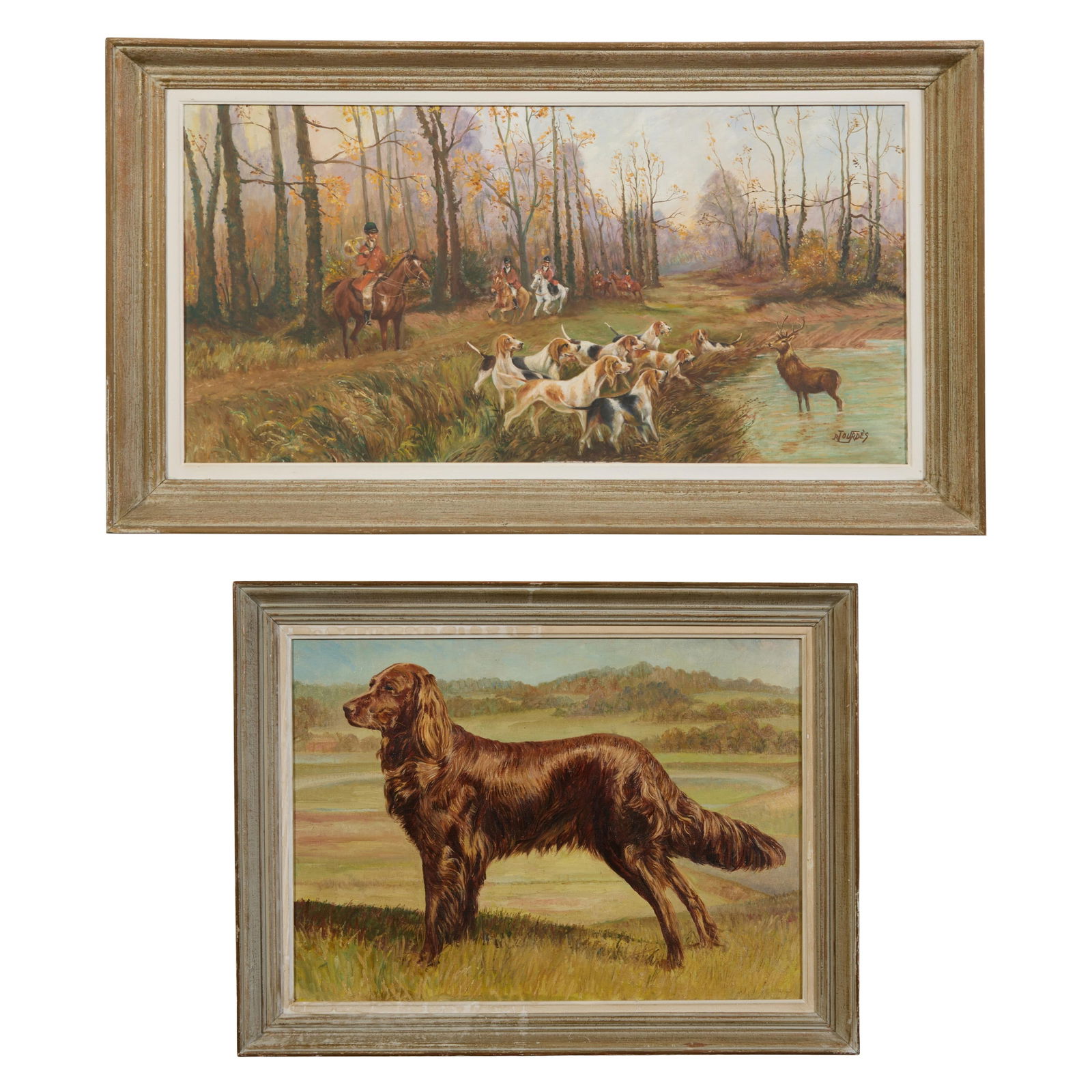 Continental School, "The Hunt" and "Irish Setter," 20th c., Hunt- H.- 20 in., W.- 39 1/4 in.,: Continental School, "The Hunt" and "Irish Setter," 20th c., two oil paintings on canvas, the first signed "R. Lourdes" lower right, the second signed "S.M. England" lower right, presented in similar w
