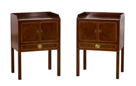 Pair of Georgian Style Inlaid Mahogany Commode Nightstands, 20th c., Each- H.- 32 in., W.- 22 1/4