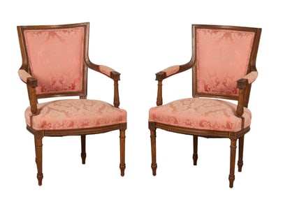 Pair of French Louis XVI Style Fauteuil, 19th c., Each- H.- 36 in., W.- 23 1/2 in., D.- 22 in. (2