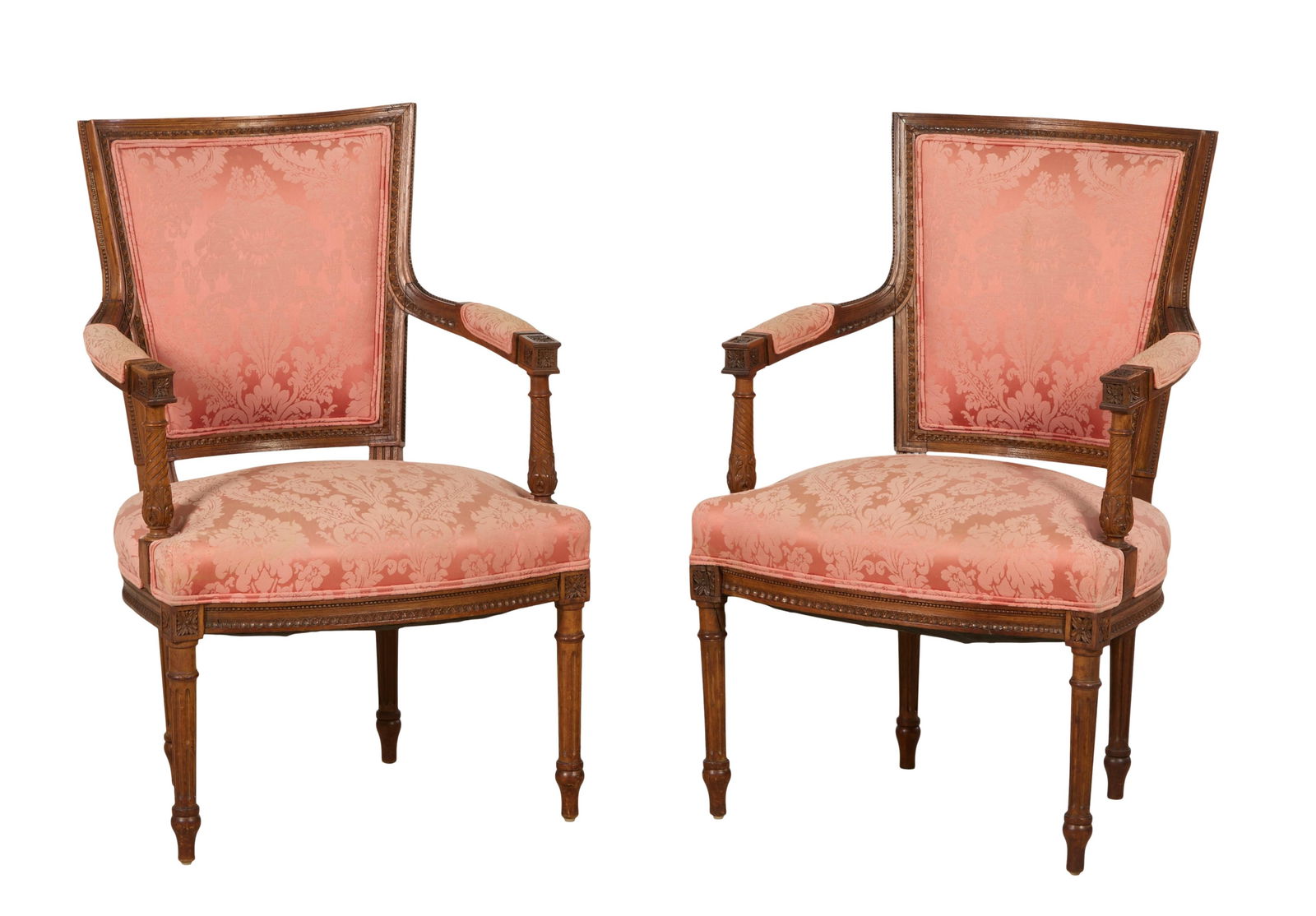 Pair of French Louis XVI Style Fauteuil, 19th c., Each- H.- 36 in., W.- 23 1/2 in., D.- 22 in. (2: Pair of French Louis XVI Style Fauteuil, 19th c., the tapered shaped backs over padded arms ending in rosette blocks supported by reverse tapered acanthus twist standard, bow seat with ring turned flu