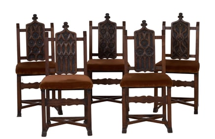Set of Five French Renaissance Style Hall Chairs, 20th c., Each- H.- 39 in., W.- 19 in., D.- 17 in.