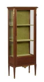 French Louis XVI Style Marble Top Ormolu Mounted Parquetry Vitrine, 20th c., H.- 48 in., W.- 25 1/4