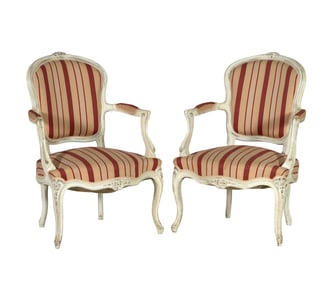 Pair of French Louis XV Style Creme Peinte Fauteuils, 19th c., Each- H.- 35 in., W.- 26 in., D.- 23