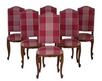 Set of Six Louis XV Style Walnut Dining Chairs, 20th c., Each- H.- 42 in., W.- 18 in., D.- 18 in. (6