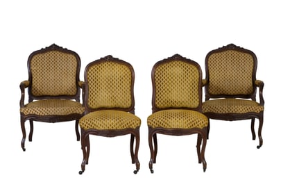 Set of Four French Louis XV Style Carved Walnut Chairs, 19th c., Arm- H.- 39 in., W.- 26 in., D.- 24