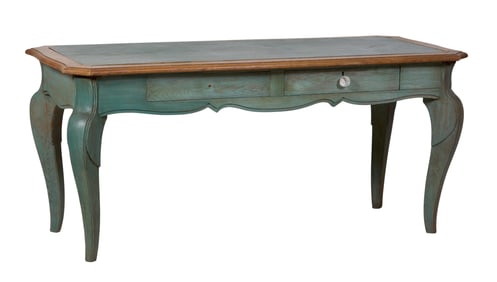 French Art Nouveau Polychromed Farm Table, early 20th c., H.- 29 1/2 in., W.- 66 1/2 in., D.- 29 in.