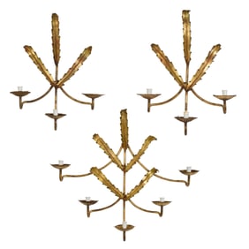 Set of Three French Gilt Iron Sconces, 20th c., Three Light- H.- 19 in., W.- 15 in., D.- 4 1/2 in.;