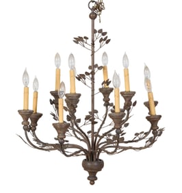 French Provincial Iron and Wood Twelve Light Chandelier, early 20th c., H.- 32 in., Dia.- 26 in.
