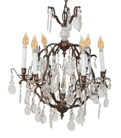 Small French Louis XVI Style Crystal Pendeloque Prism Hung Six Light Chandelier, 20th c., H.- 24