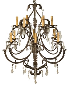 French Provincial Cast Iron Twelve Light Chandelier, early 20th c., H.- 34 in., Dia.- 24 in.
