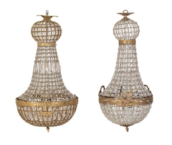 Two French Basket Style Prism Hung and Bronze Mounted Chandeliers, 20th c., Taller- H.- 27 in.,