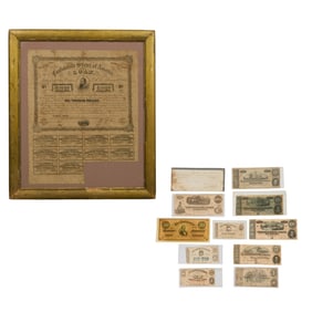 Confederate $1000 Bond, 1863, with Ten Pieces of Confederate Paper Banknotes, 1862-1864, Bond-