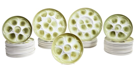 Forty-Three Piece French Ceramic Oyster Set, 20th c., Plate- H.- 3/4 in., Dia.- 9 3/4 in.; Platter-