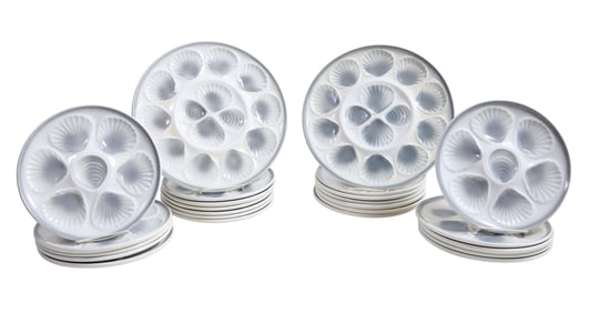 Twenty-Five Piece French Ceramic Oyster Set, 20th c., Plate- H.- 3/4 in., Dia.- 9 3/4 in.; Platter-