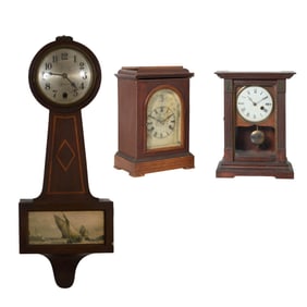 Three Wood Case Clocks, early 20th c., Banjo- H.- 28 1/2 i., W.- 8 5/8 in., D.- 3 1/2 in.; Beveled
