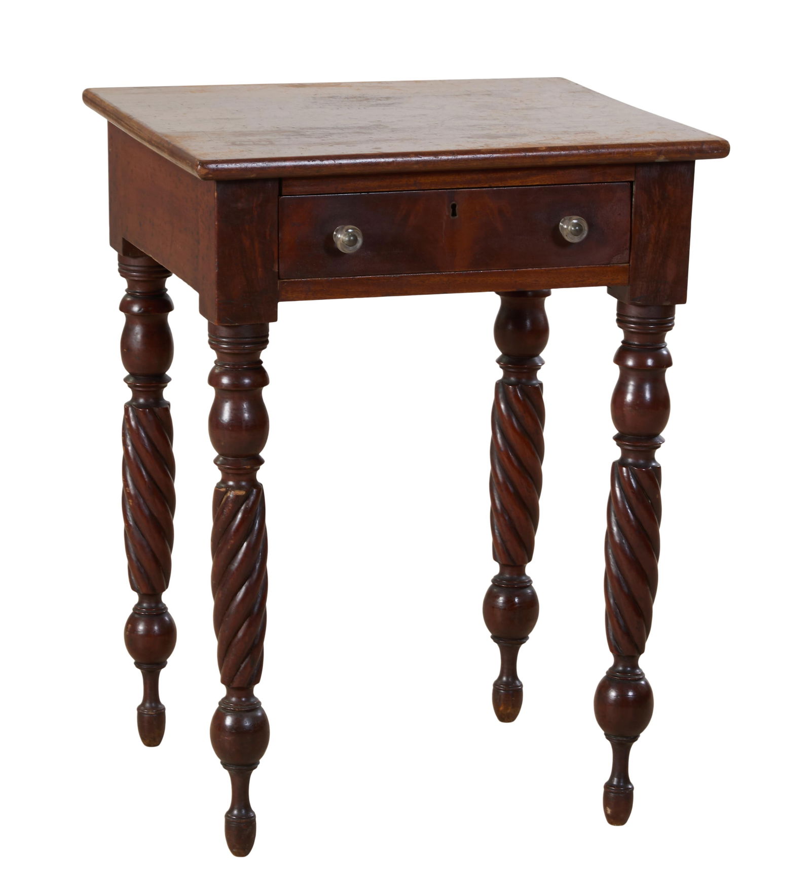 American Late Federal Cherry Work Table, early 19th c., H.- 28 1/2 in., W.- 21 1/2 in., D.- 20 in.: American Late Federal Cherry Work Table, early 19th c., the rectangular top over a single drawer, on ring turned tapered opposing twisted legs with toupie feet, H.- 28 1/2 in., W.- 21 1/2 in., D.- 20