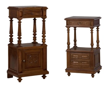 Two French Henry II Style Walnut Nightstands, 20th c., Taller- H.- 39 1/2 in., W.- 18 in., D.- 14