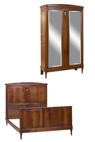 French Louis XVI Style Carved Walnut Armoire and Bed Group, 20th c., Armoire- H.- 90 in., W.- 54