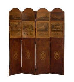 Antique Continental Decoupage Four Panel Folding Screen, 19th c., H.- 64 in., W.- Each Panel- 15 5/8