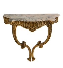 Italian Inspired Marble Top Giltwood Console, 20th c., H.- 28 in., W.- 26 1/2 in., D.- 9 in.
