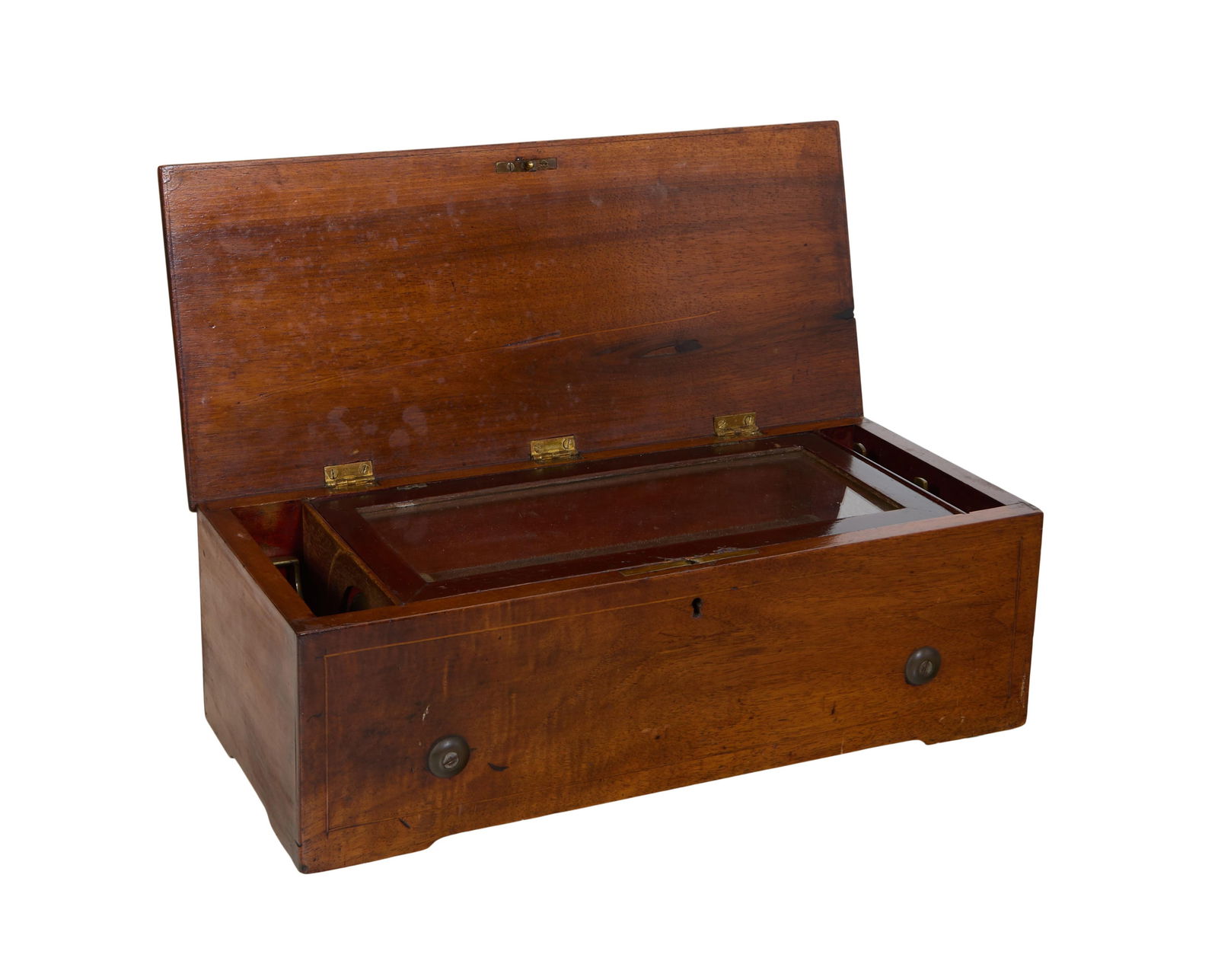 Marquetry Inlaid Mahogany Cylinder Music Box, late 19th c., Box- H.- 5 1/2 in., W.- 15 1/4 in., D.- (1 of 4)