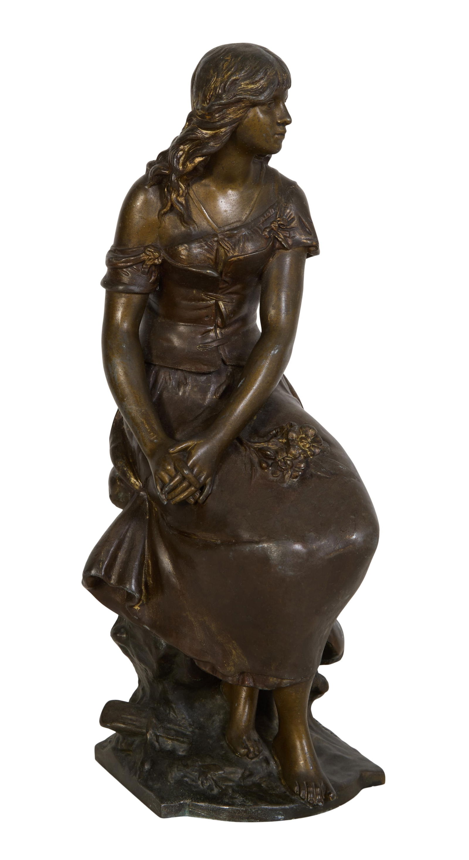 After Auguste Moreau (French, 1834-1917), "Pensive Seated Woman," early 20th c., H.- 19 in., W.- 6: After Auguste Moreau (French, 1834-1917), "Pensive Seated Woman," early 20th c., patinated bronze, with an incised signature on the proper left top of the integral base, H.- 19 in., W.- 6 1/4 in., D.-