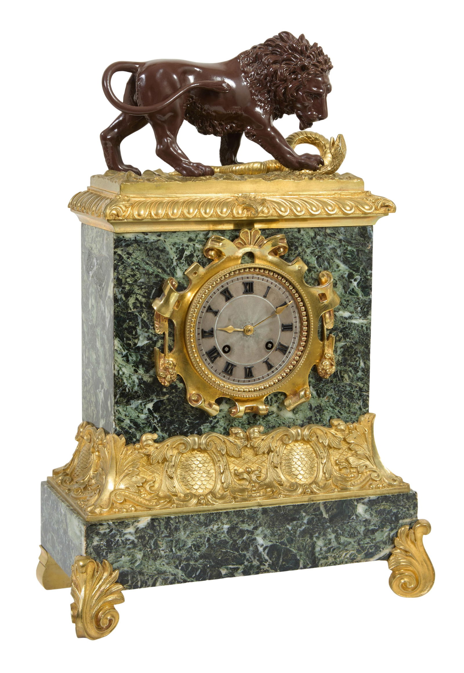Napoleon III Period Gilt and Patinated Bronze Lion Mantel Clock, c. 1870, H.- 18 in., W.- 12 in., (1 of 3)
