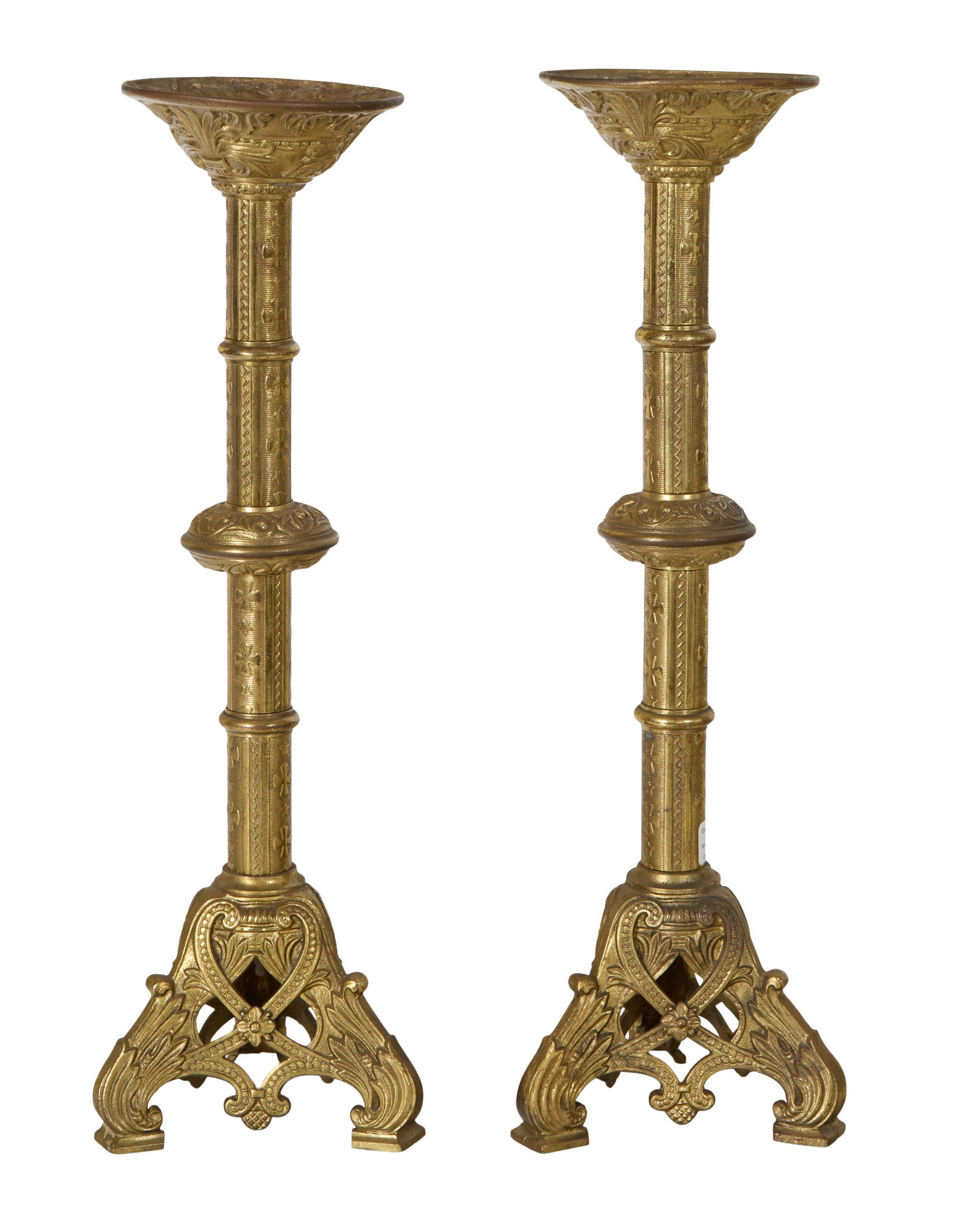 Pair of Gilt Brass Altar Candlesticks, early 20th c., Each- H.- 18 in., Dia.- 5 1/2 in. (2 Pcs.) (1 of 1)