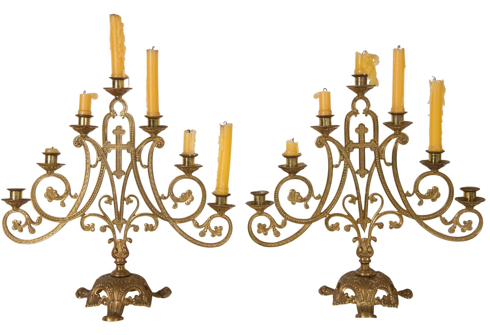 Pair of Brass Seven Light Altar Candelabra, early 20th c., Each- H.- 17 5/8 in., W- 18 in., D.- 7 (1 of 1)