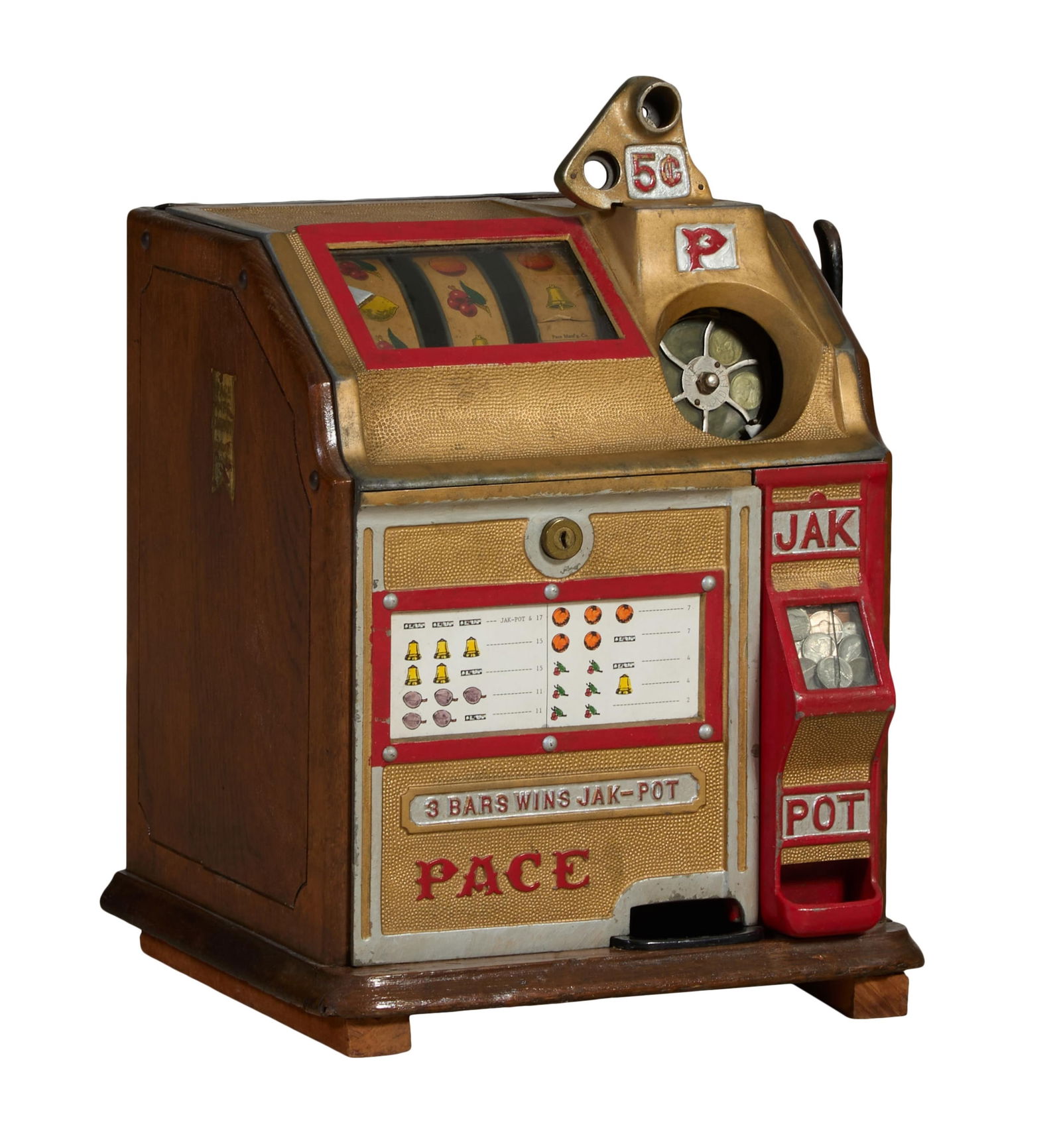 Pace Manufacturing Co. 5 Cent Jackpot Slot Machine, 20th c., H.- 22 in., W.- 15 in., D.- 13 in. (1 of 7)
