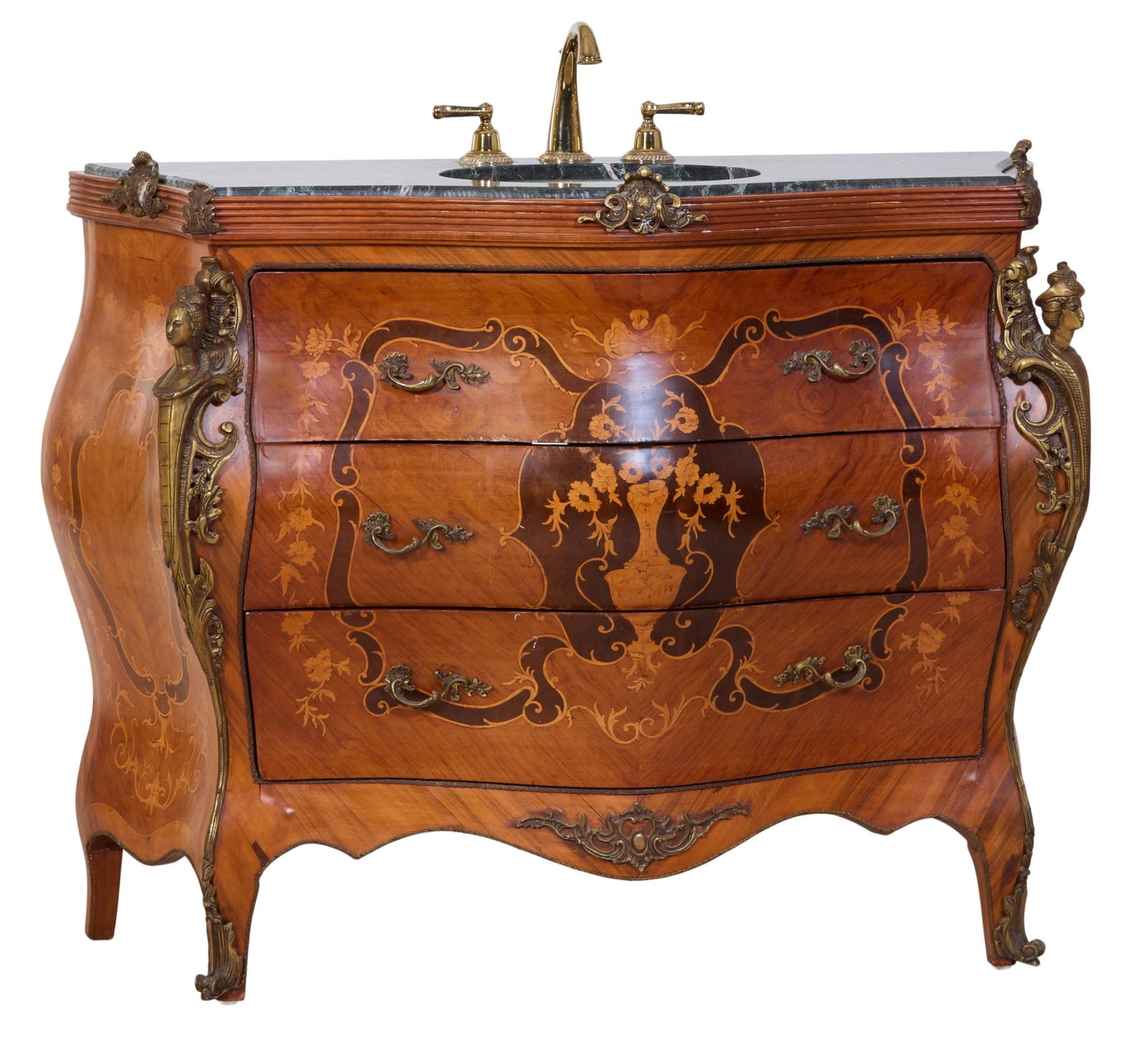 Italian Style Ormolu Mounted Marble Top Bombe Form Vanity with Sink, H.- 46 in., W.- 49 in., D.- 20 (1 of 3)